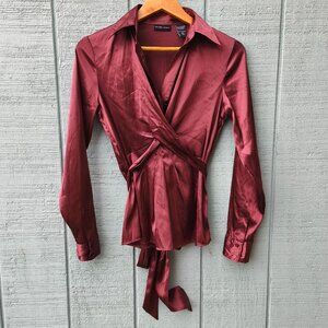 NWOT y2k New York and Co. Satin Empire Waist Babydoll Blouse sz 2 Maroon